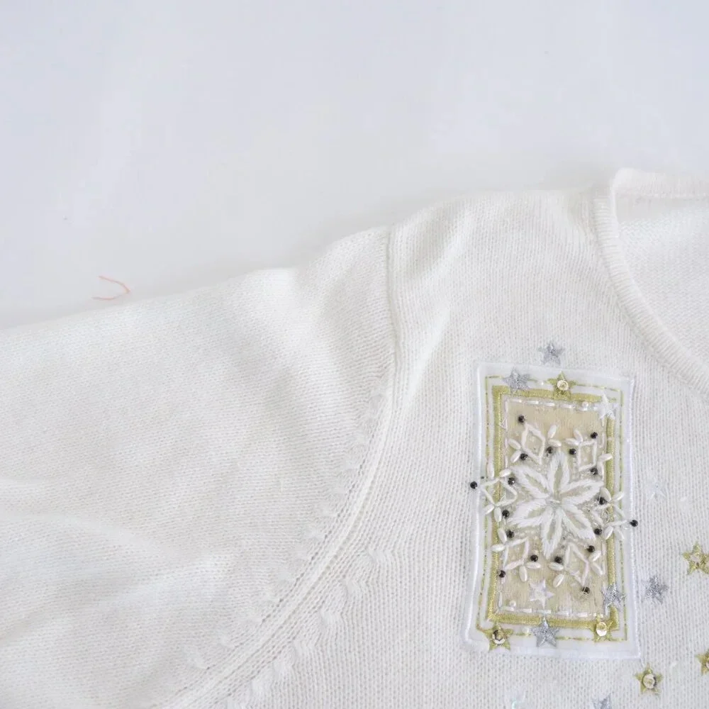 Vintage Tiara Cream Ugly Christmas Beaded Reindeer Zip Up Cardigan Sweater XL - Picture 12 of 16